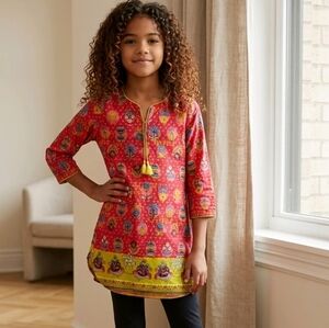BIBA Girls Pink Bird Floral Cotton Straight Printed Kurta Indian Tunic Spring
